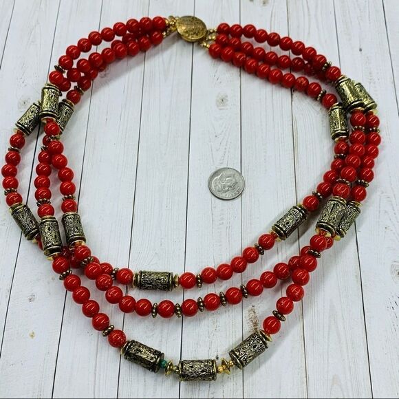 VTG Gold Red Multistrand Beaded Necklace - Picture 1 of 3